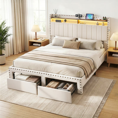 Artiss Queen Upholstered Bed Frame with Shelf Storage Drawers Charging Station Mood Lighting Linen
