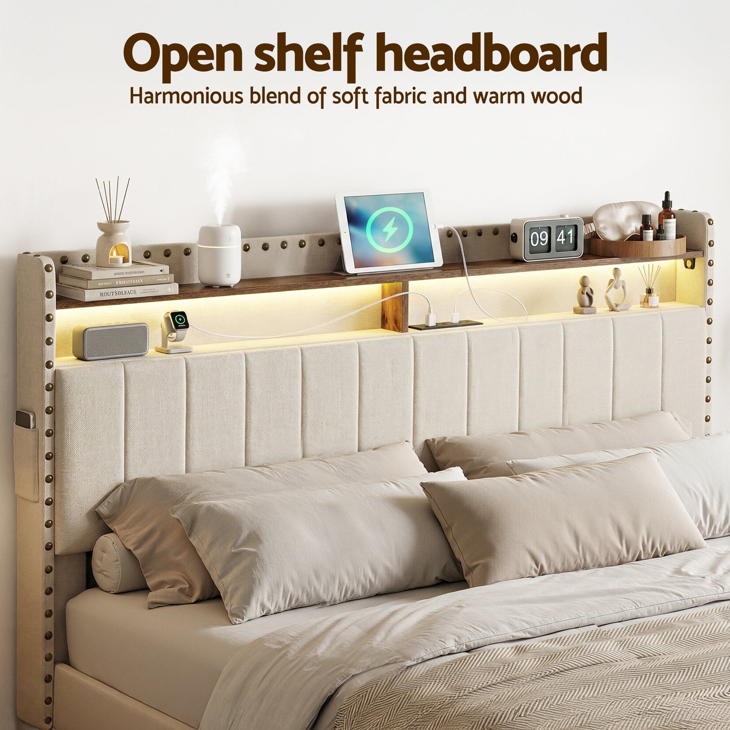 Artiss Queen Upholstered Bed Frame with Shelf Storage Drawers Charging Station Mood Lighting Linen