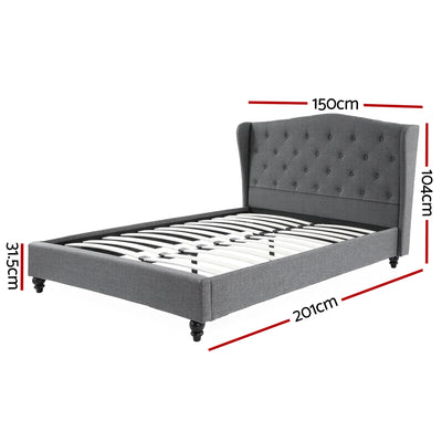 Artiss Double Bed Frame with Wingback Headboard Grey Linen Upholstered Platform Bed Base