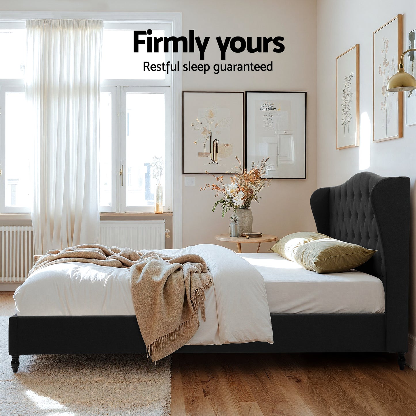 Artiss King Bed Frame Wingback Headboard Charcoal Grey Linen Upholstered Platform Bed Base