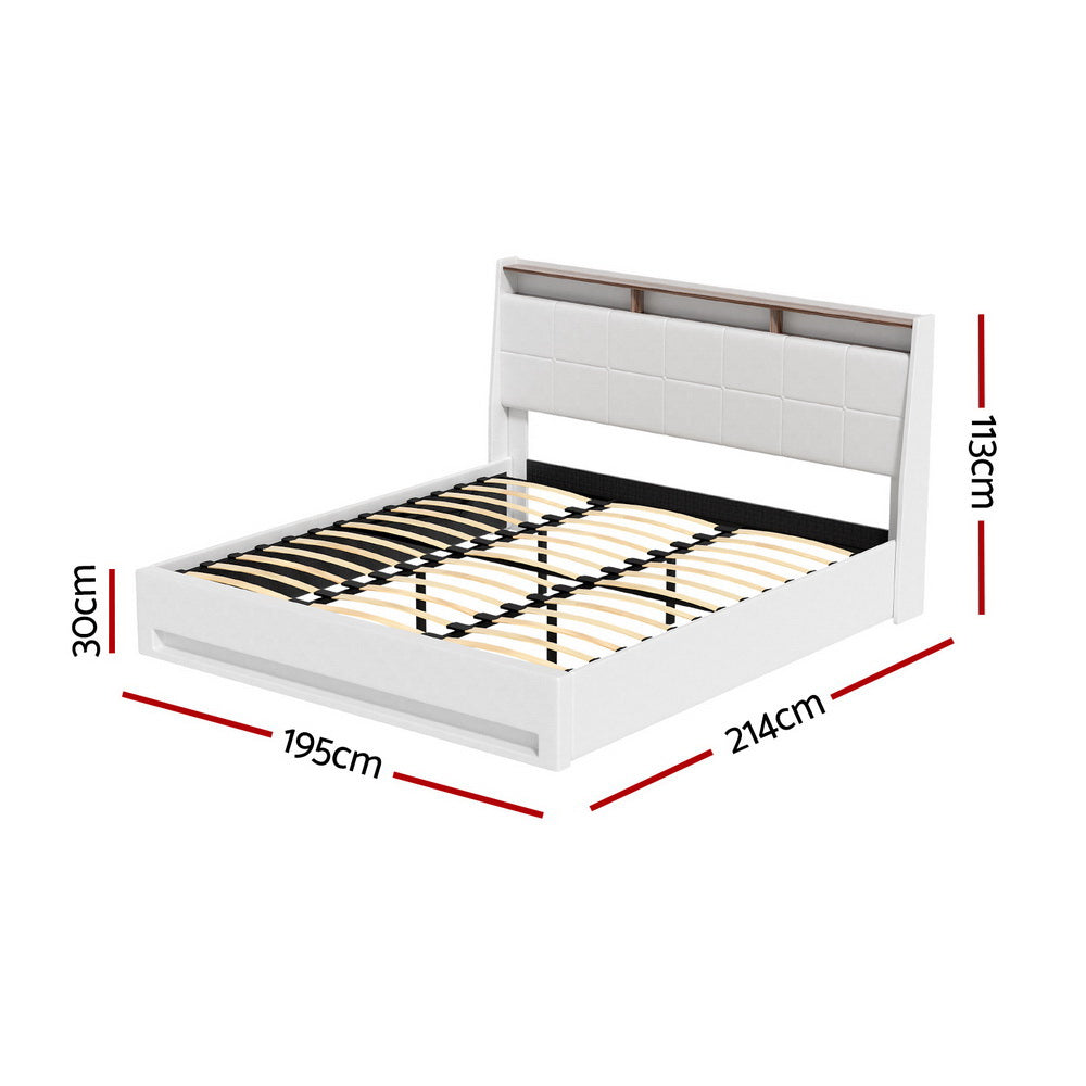 Artiss Bed Frame Gas Lift LED Beds Base Platform White PVC Leather Storage Headboard - King