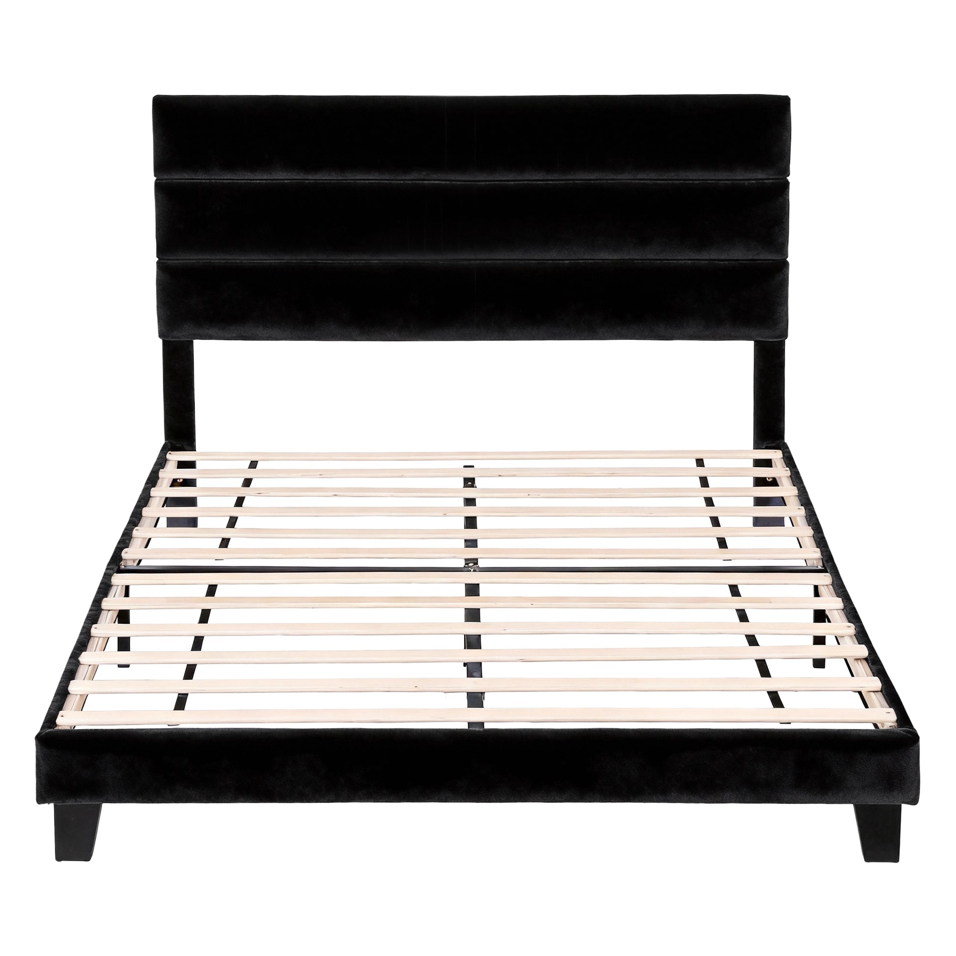 Artiss Double Bed Frame Upholstered Platform Base with Geometric Headboard Black Velvet