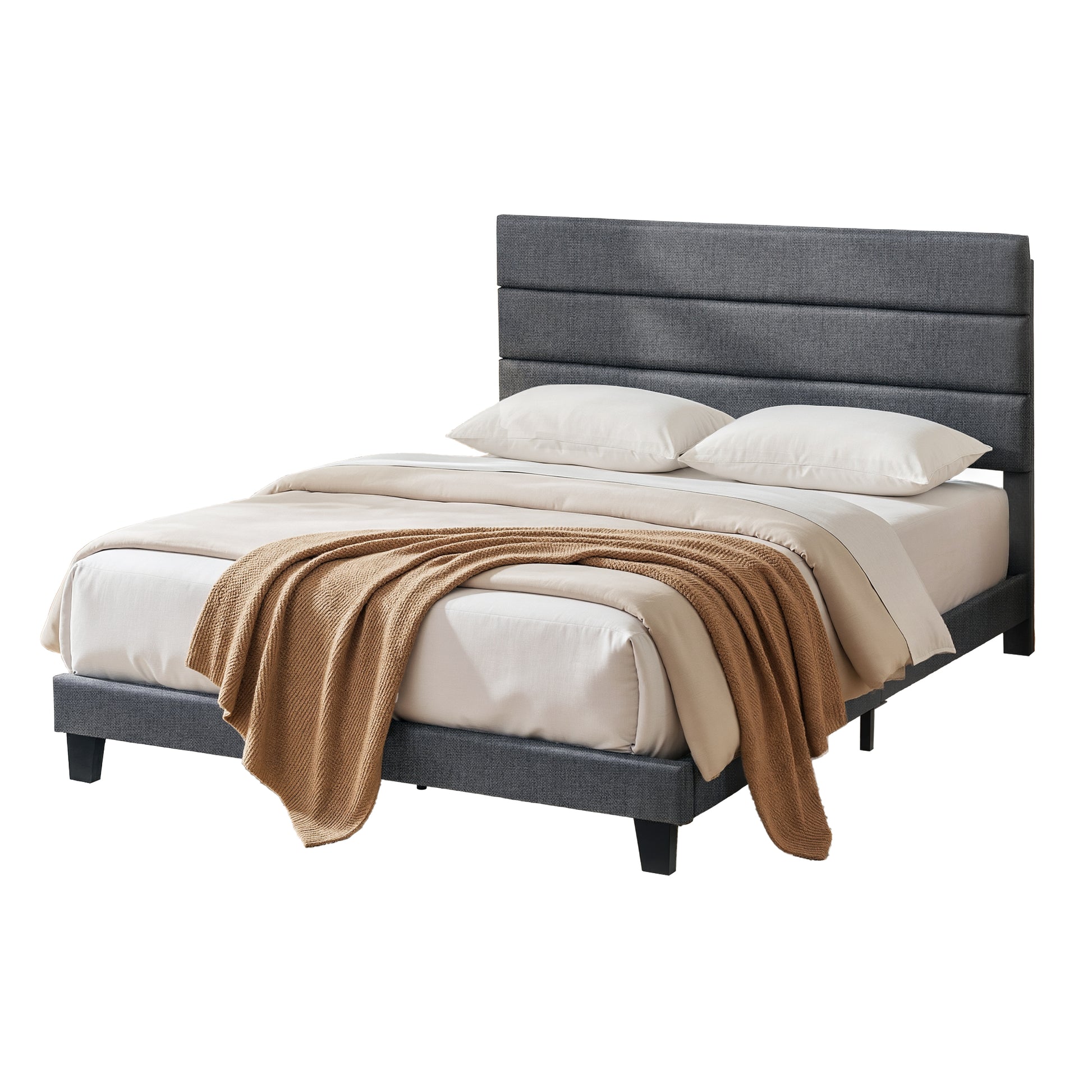 Artiss Queen Bed Frame Upholstered Platform Base with Geometric Headboard Charcoal Grey Linen Wood Slats for Modern Bedroom Furniture Home Decor