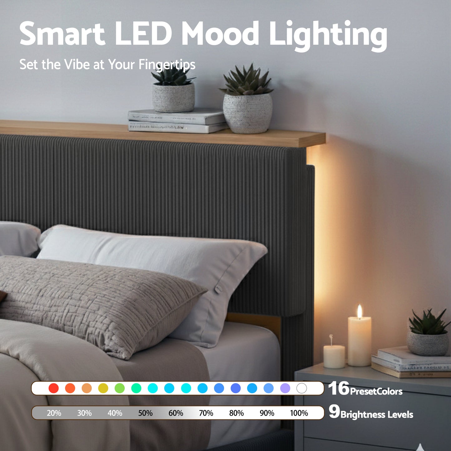 Artiss Double Bed Frame Upholstered Adjustable Headboard Mood Lighting Heavy Duty Grey Velvet