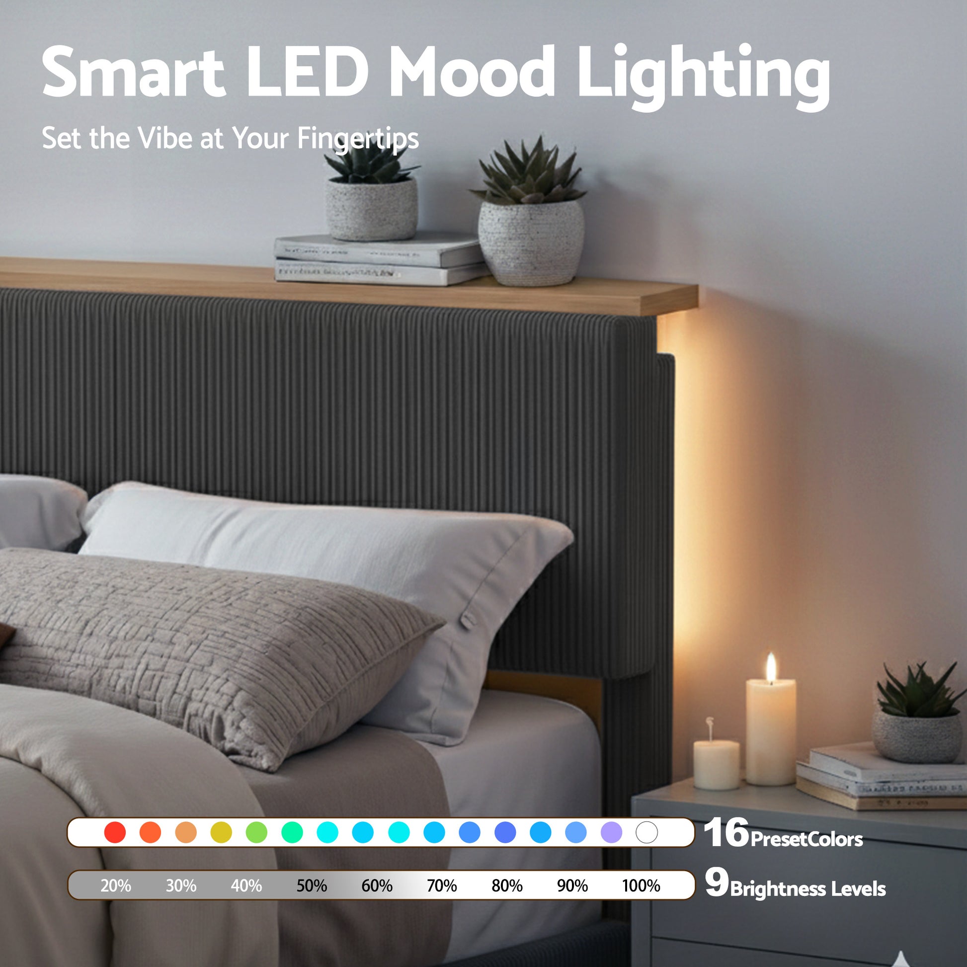 Artiss Double Bed Frame Upholstered Adjustable Headboard Mood Lighting Heavy Duty Grey Velvet