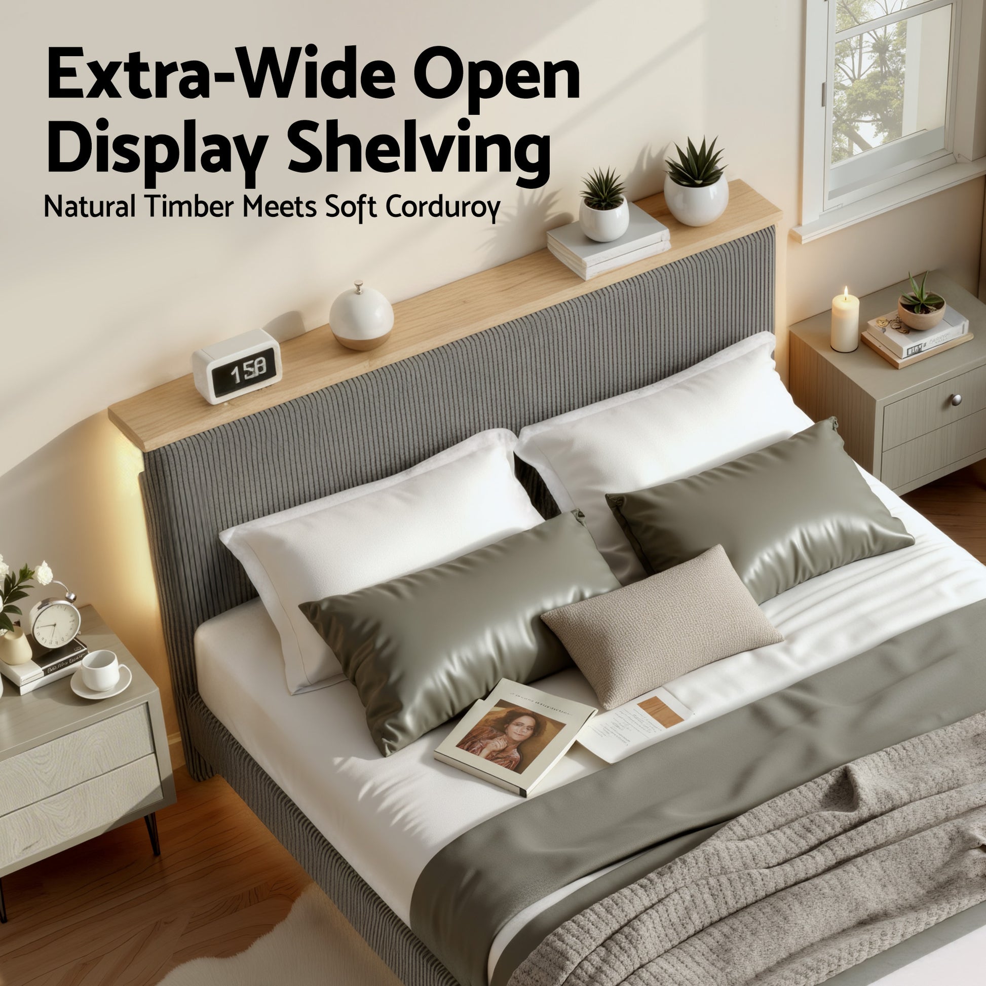 Artiss Double Bed Frame Upholstered Adjustable Headboard Mood Lighting Heavy Duty Grey Velvet