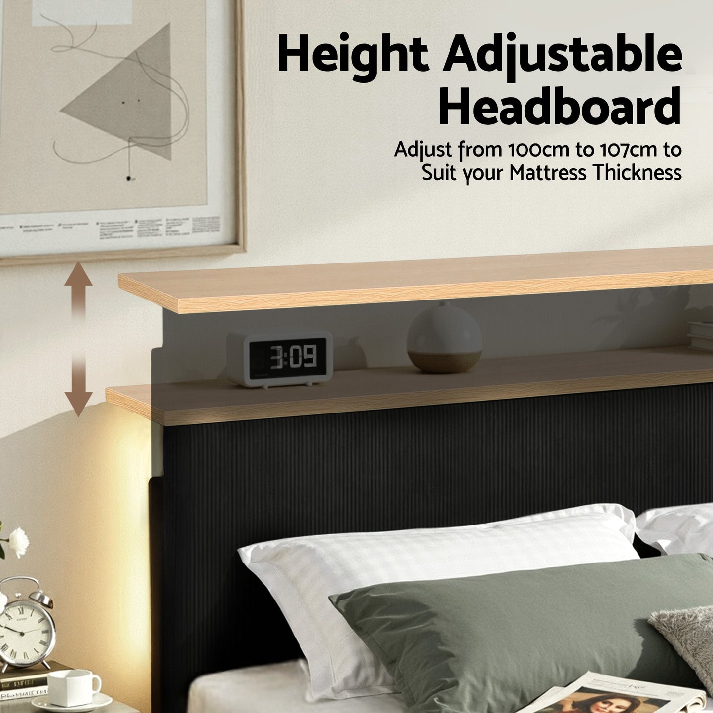 Artiss Queen Bed Frame Upholstered Adjustable Headboard Mood Lighting Heavy Duty Black Velvet