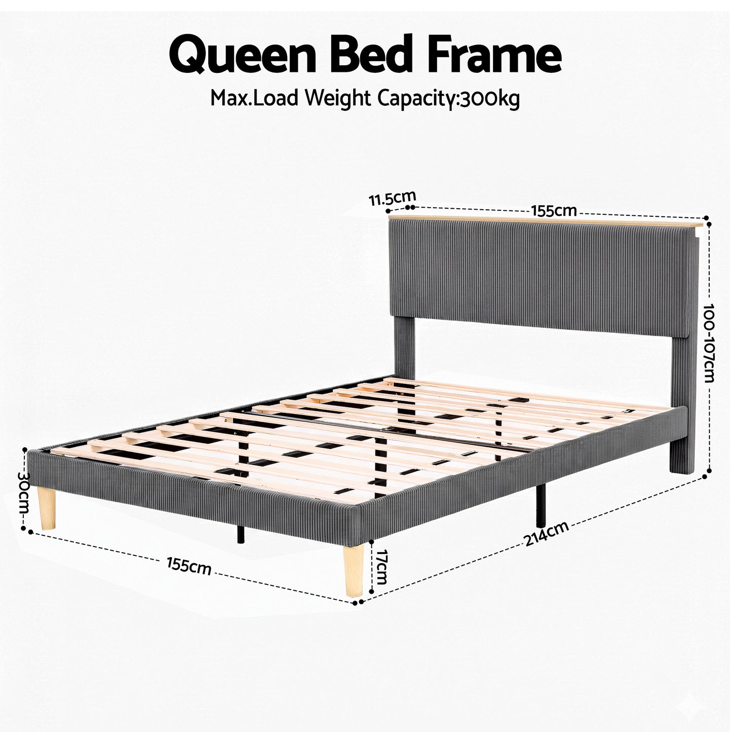 Artiss Queen Bed Frame Upholstered Adjustable Headboard Mood Lighting Heavy Duty Grey Velvet