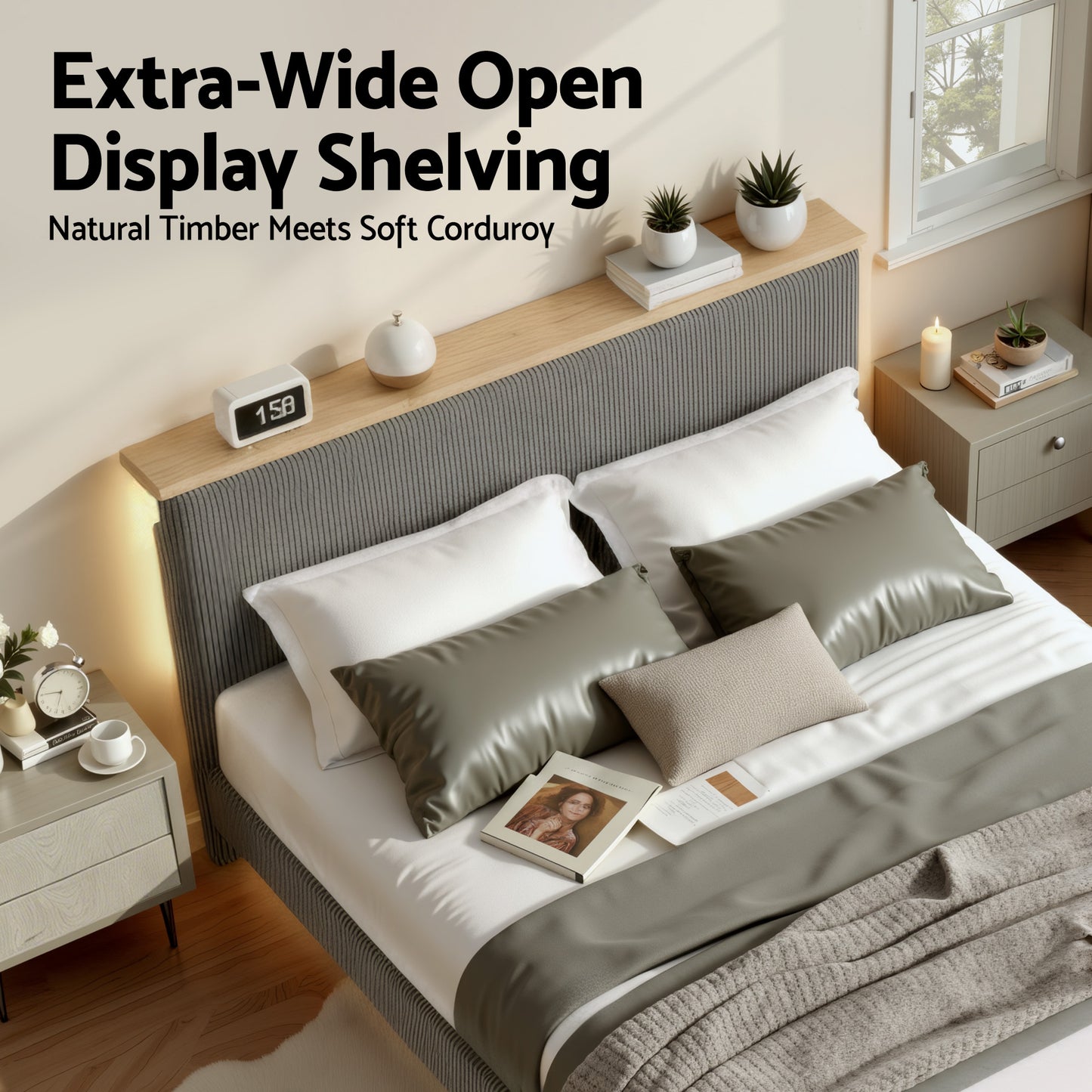 Artiss Queen Bed Frame Upholstered Adjustable Headboard Mood Lighting Heavy Duty Grey Velvet