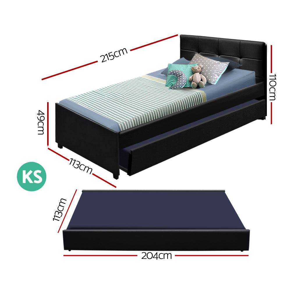 Artiss Trundle Bed Frame King Single Size Black Leather