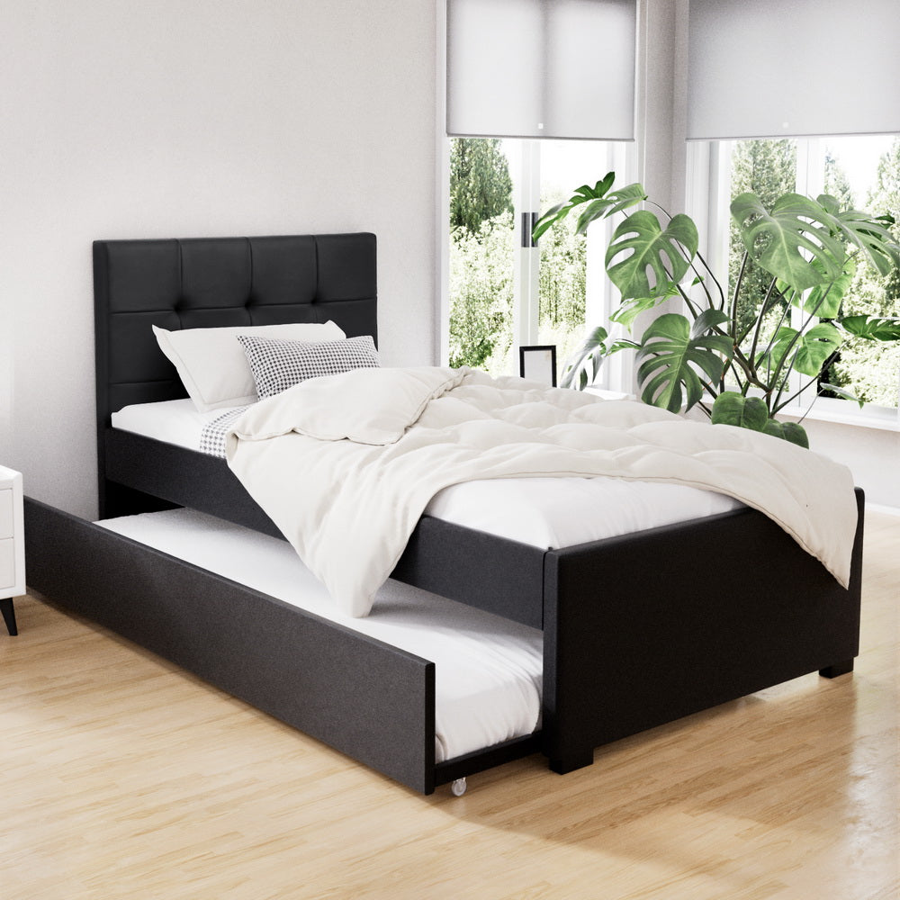 Artiss Trundle Bed Frame King Single Size Black Leather