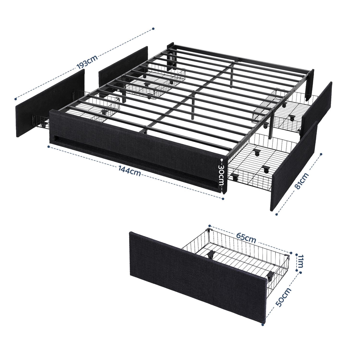 Artiss Double Bed Frame with Storage Drawers RGB Lights Charging Station Upholstered Fabric