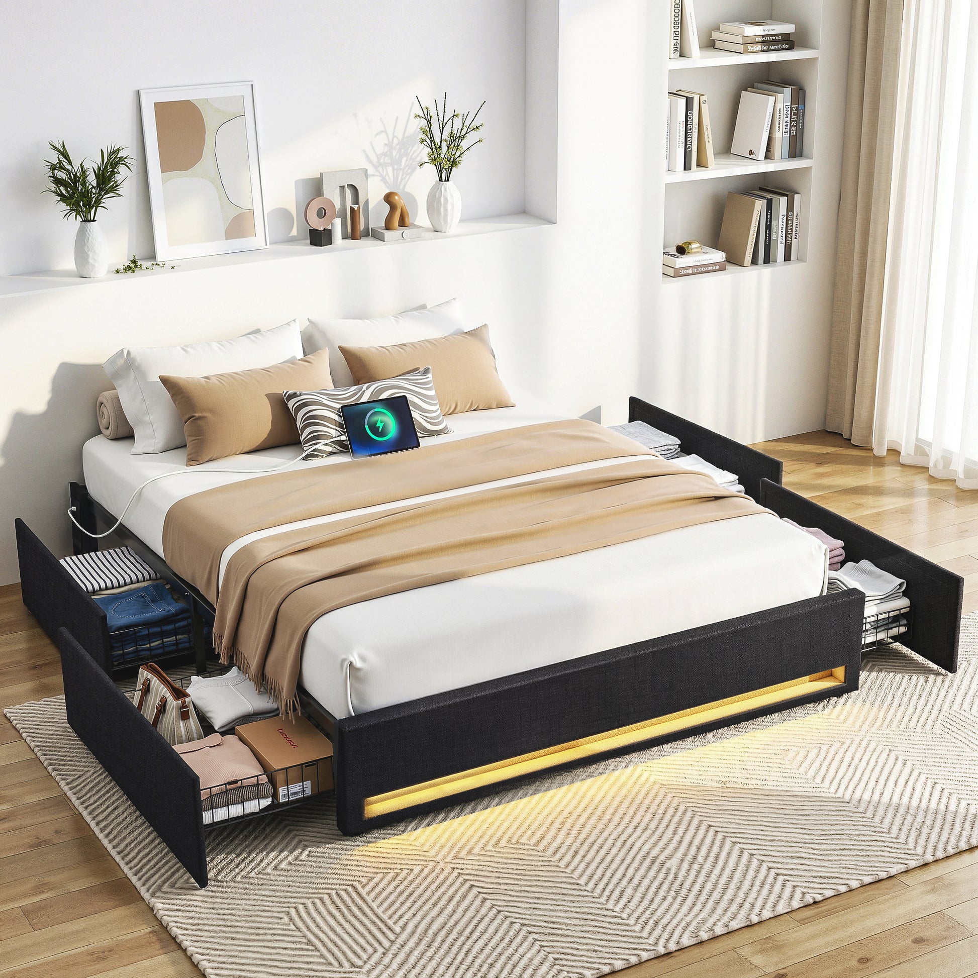 Artiss Queen Bed Frame with Storage Drawers RGB Lights Charging Station Upholstered Fabric