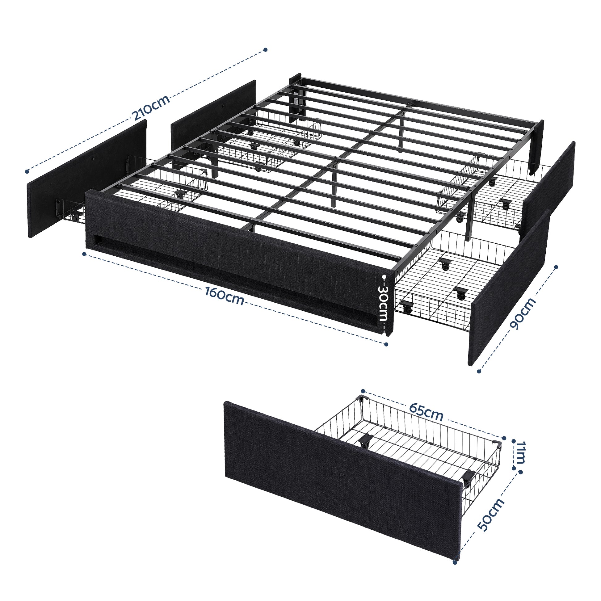 Artiss Queen Bed Frame with Storage Drawers RGB Lights Charging Station Upholstered Fabric