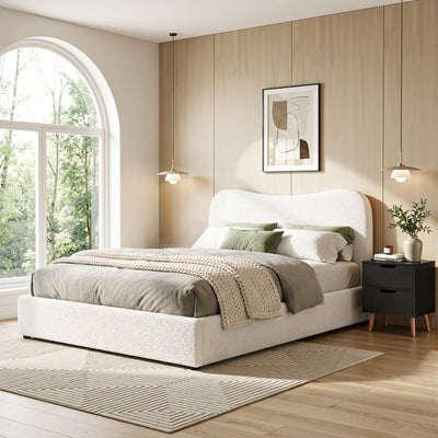 Artiss Double Bed Frame and Bedside Table Set Boucle Beige with Headboard Black Nightstand