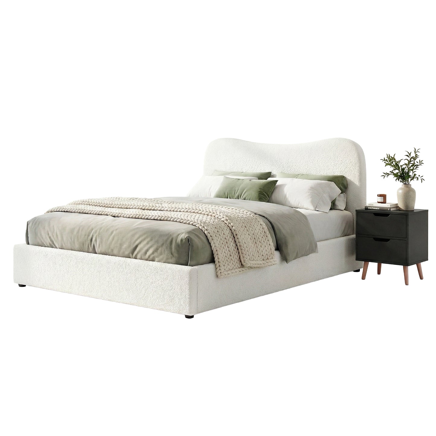 Artiss Double Bed Frame and Bedside Table Set Boucle Beige with Headboard Black Nightstand