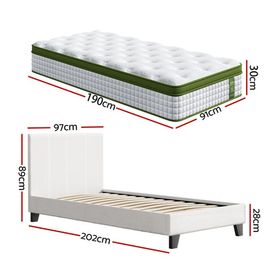 Artiss Single Bed Frame with Hybrid Mattress Set 30cm Medium Firm Platform Headboard Boucle Upholstered Pocket Coil for Pressure Relief