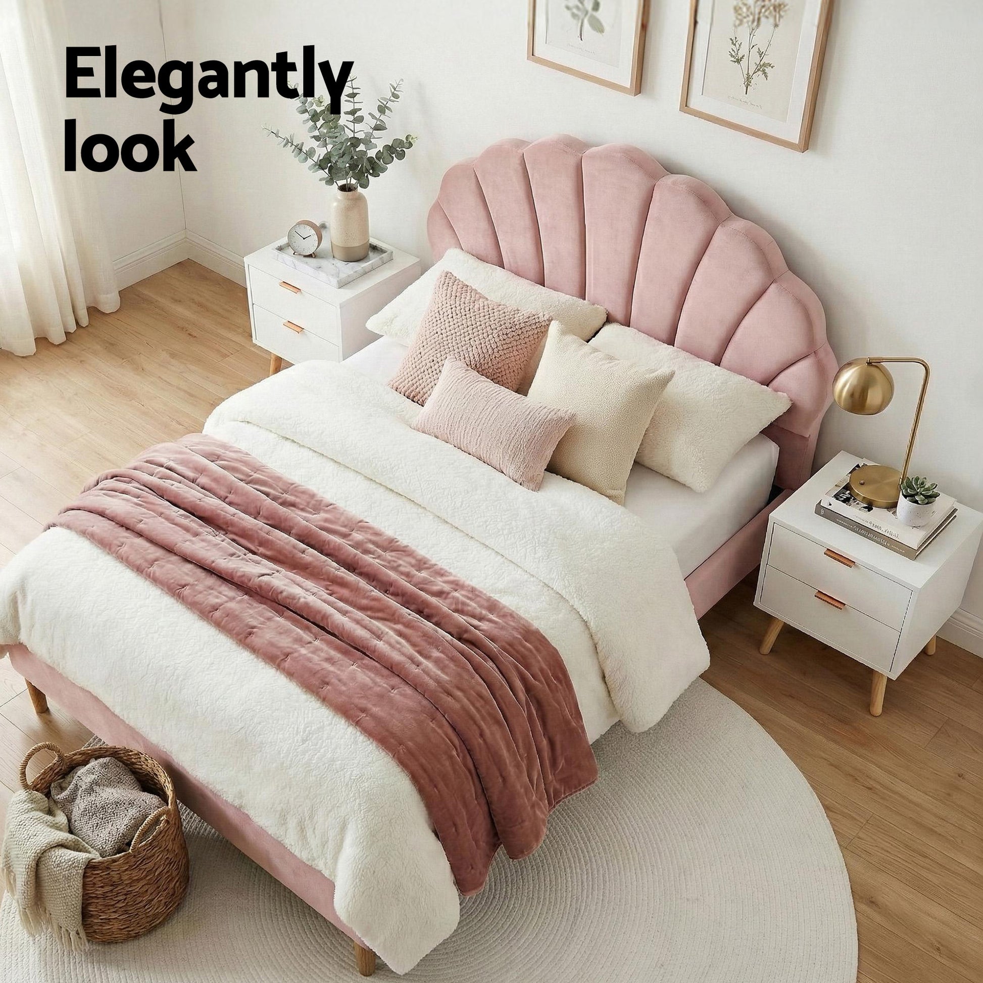 Artiss Double Bed Frame Scallop Headboard Pink Velvet with 2 Drawer Bedside Table