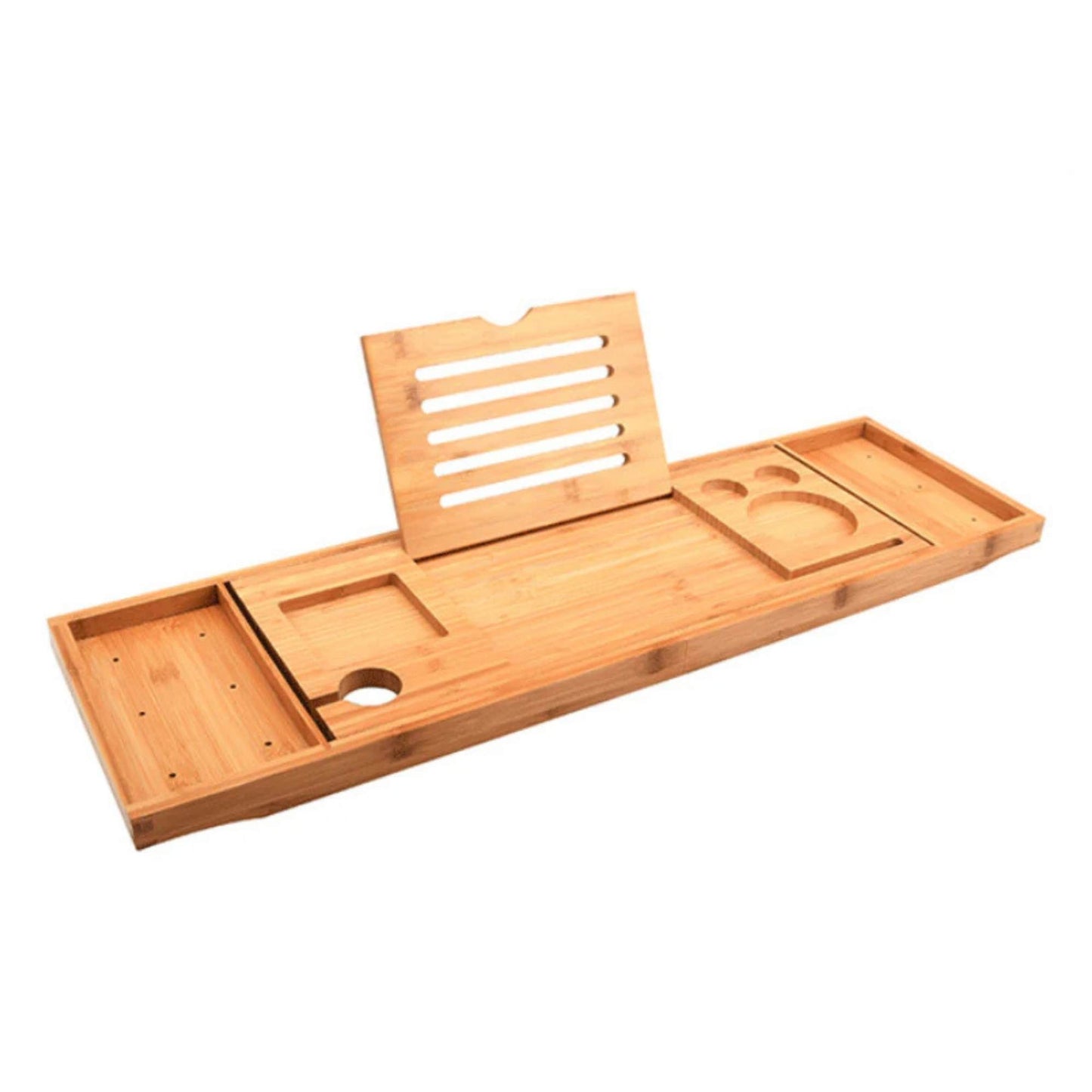 Luxury Adjustable Bamboo Bath Tray Caddy - Spa Book Wine & Accessories Holder