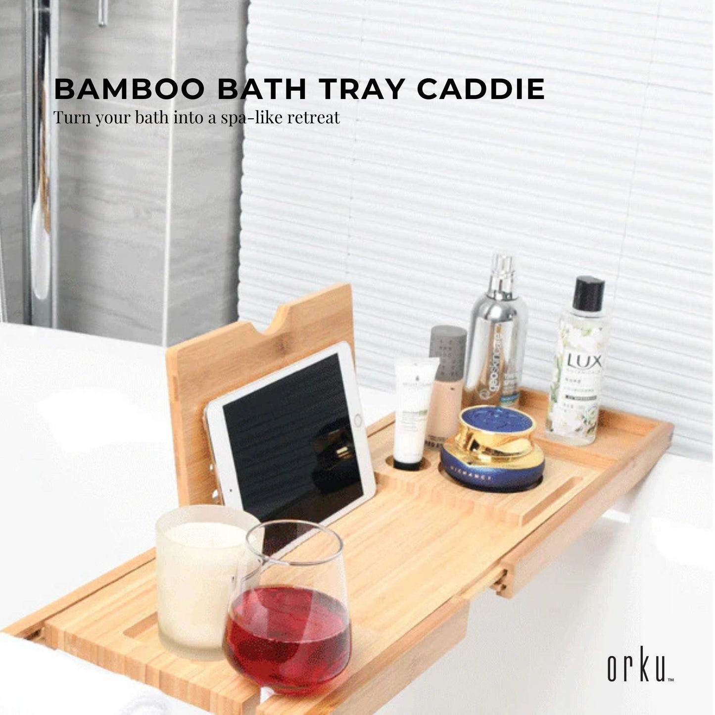 Luxury Adjustable Bamboo Bath Tray Caddy - Spa Book Wine & Accessories Holder