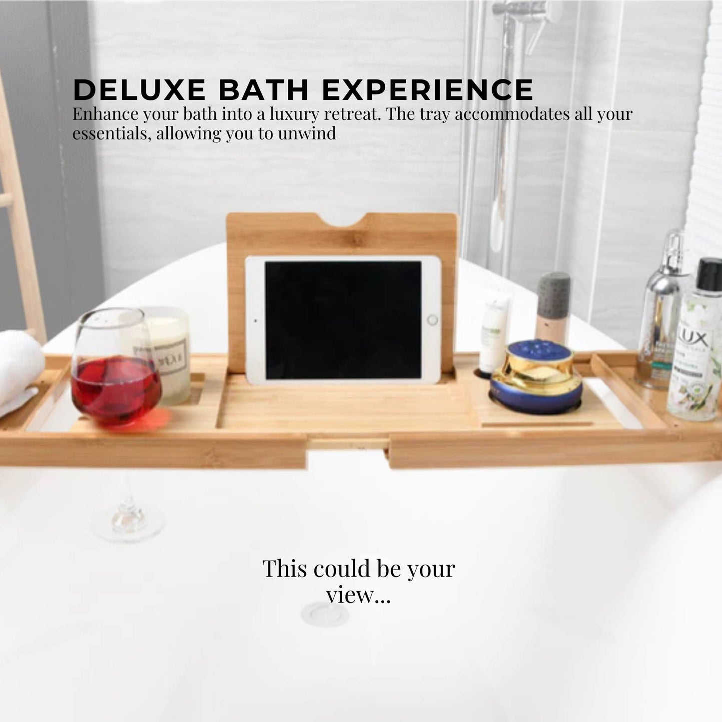 Luxury Adjustable Bamboo Bath Tray Caddy - Spa Book Wine & Accessories Holder