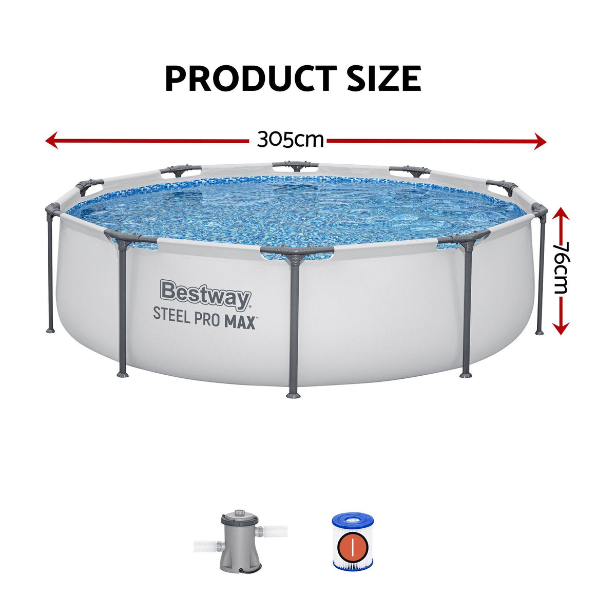 Bestway 305CM Swimming Pools Steel Above Ground Round Backyard Pool Set White