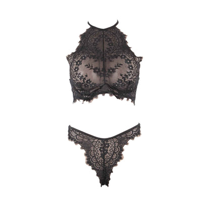 Black Lace Halter Top 2 Piece Set - Lingerie Bra Panties Sexy Underwear