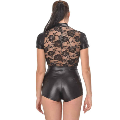 Black Short Sleeve Lace Lingerie Bodysuit Shorts Playsuit Faux Leather Underwear