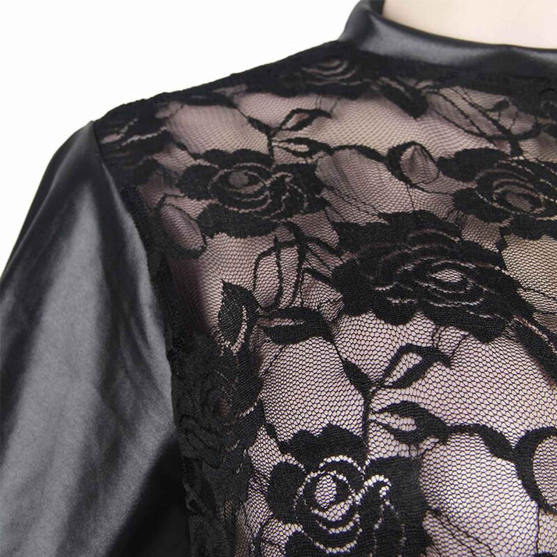 Black Short Sleeve Lace Lingerie Bodysuit Shorts Playsuit Faux Leather Underwear