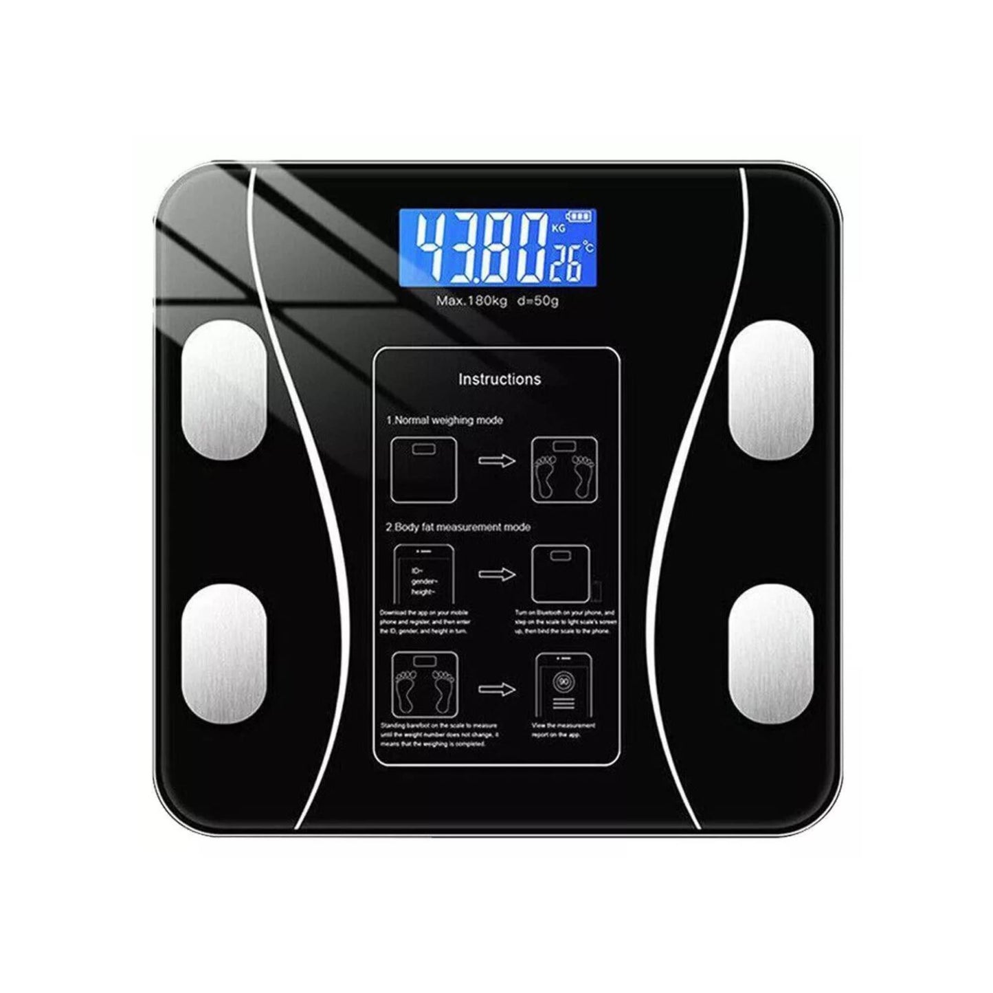 Bluetooth Smart Body Fat Scale Black - Digital BMI Weight USB Recharge with App