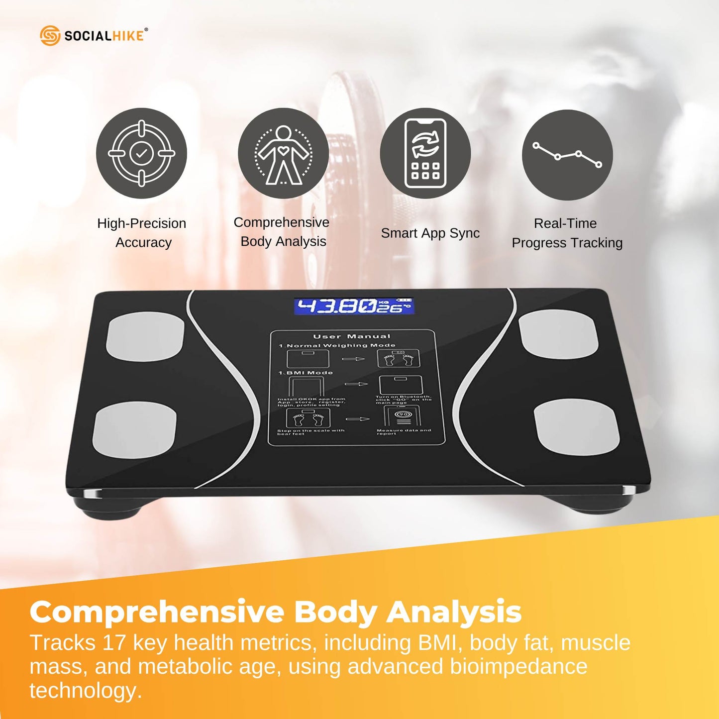 Bluetooth Smart Body Fat Scale Black - Digital BMI Weight USB Recharge with App