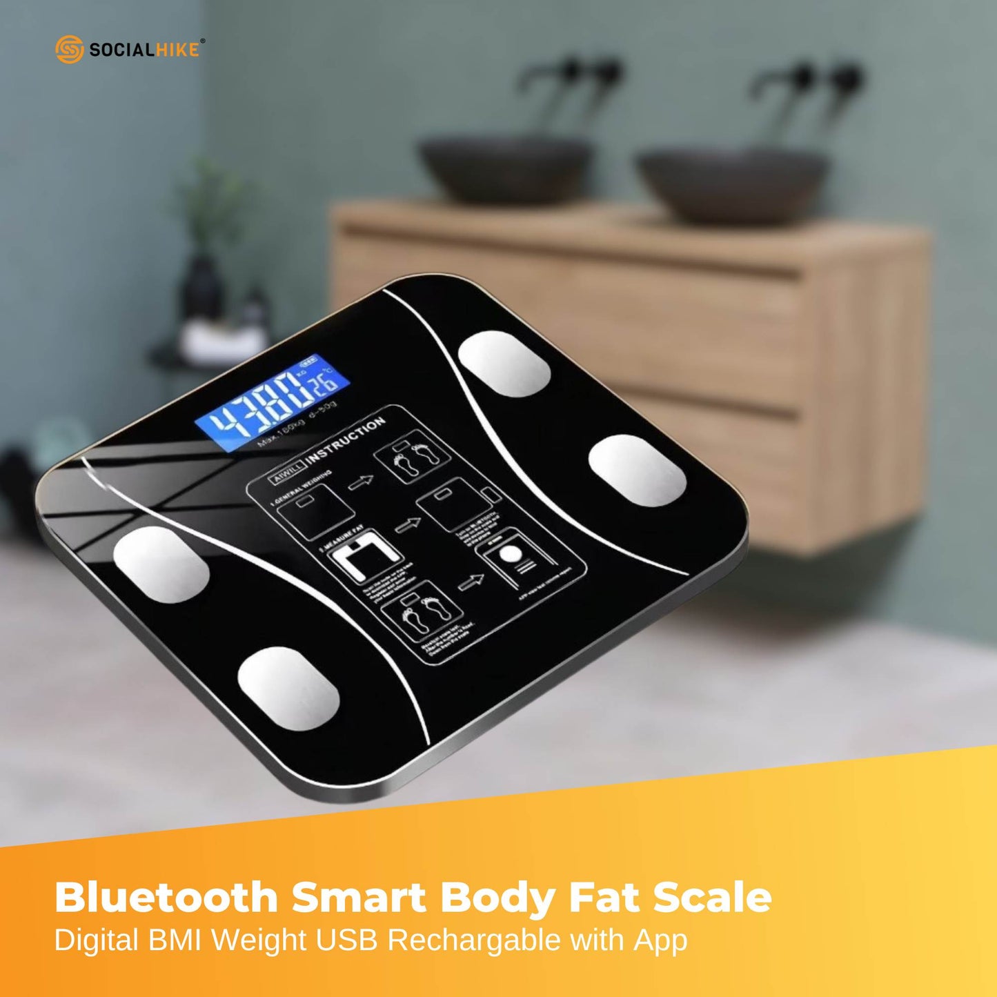 Bluetooth Smart Body Fat Scale Black - Digital BMI Weight USB Recharge with App