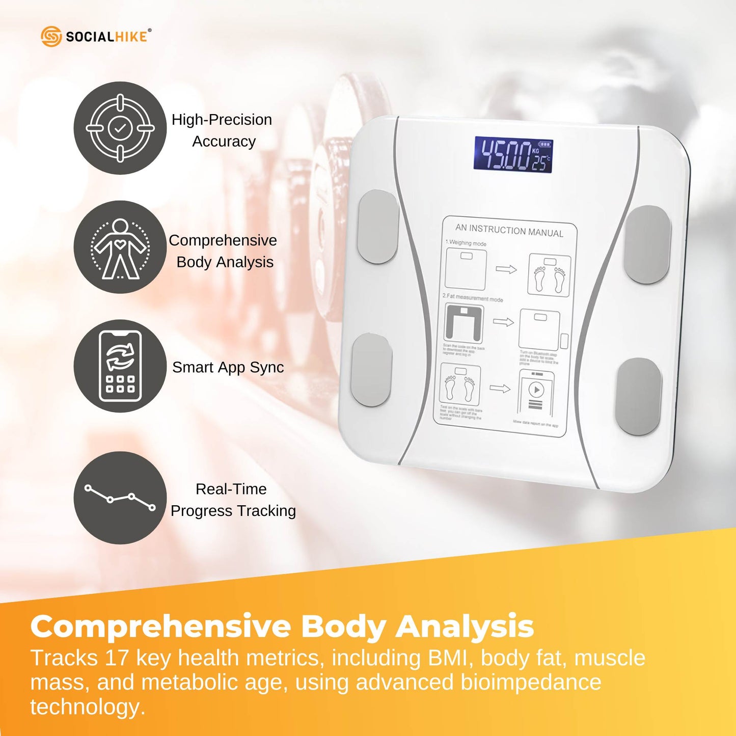 Bluetooth Smart Body Fat Scale White - Digital BMI Weight USB Recharge with App