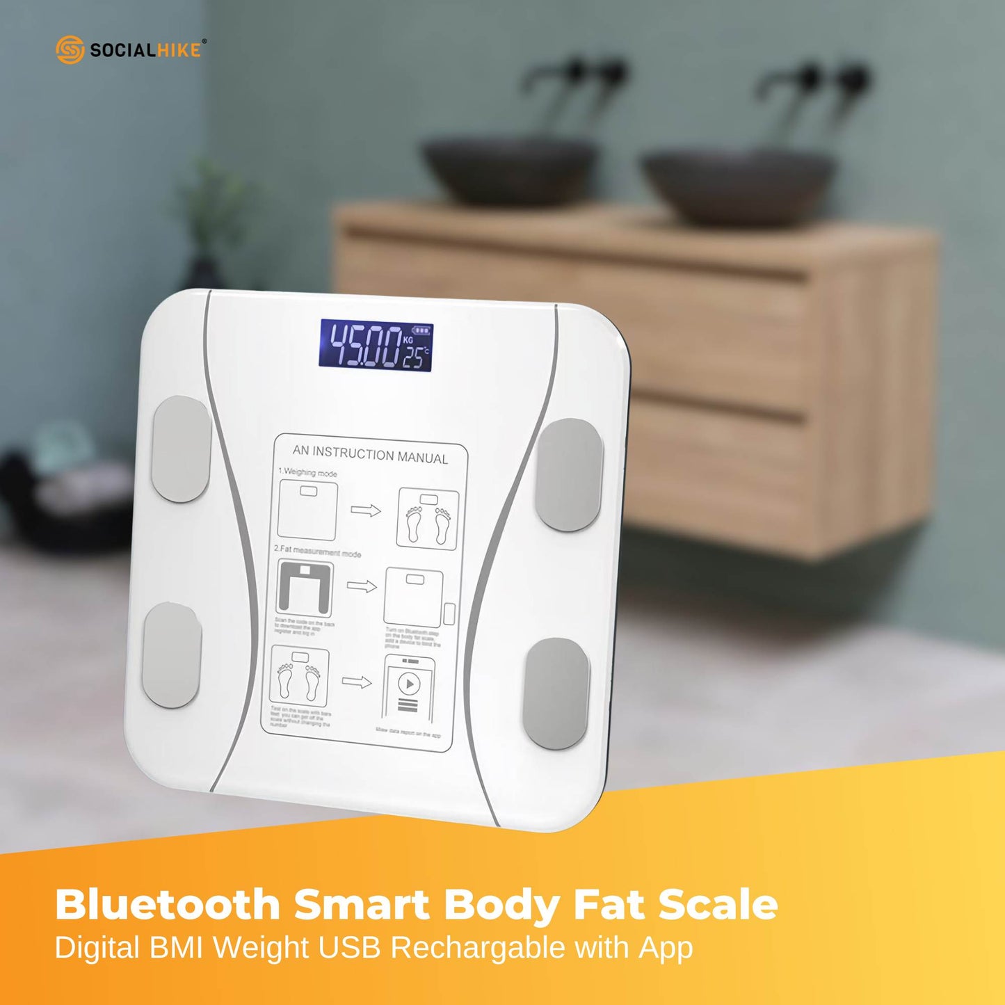 Bluetooth Smart Body Fat Scale White - Digital BMI Weight USB Recharge with App