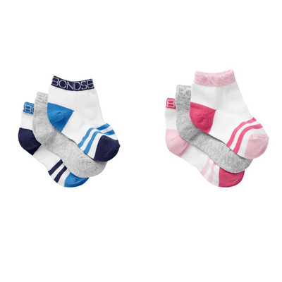 Bonds Baby Sportlet 3 Pairs Socks Boys Girls Pink Blue Grey White Size 00-4 Years