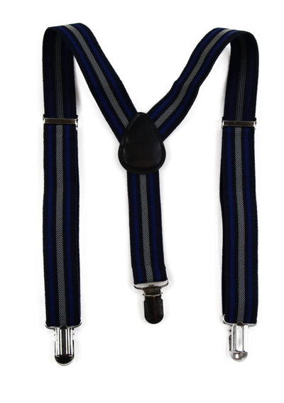 Boys Adjustable Navy, Blue & Grey Striped Patterned Suspenders