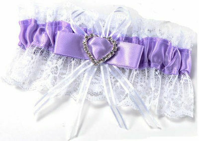 Bridal Wedding Garter Satin Purple Diamante Bow Heart Throw Keep Lace
