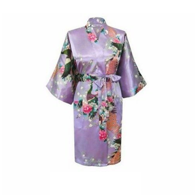 Bride Bridesmaid Gown Robe Satin Kimono Short Floral Bridal Wedding Violet