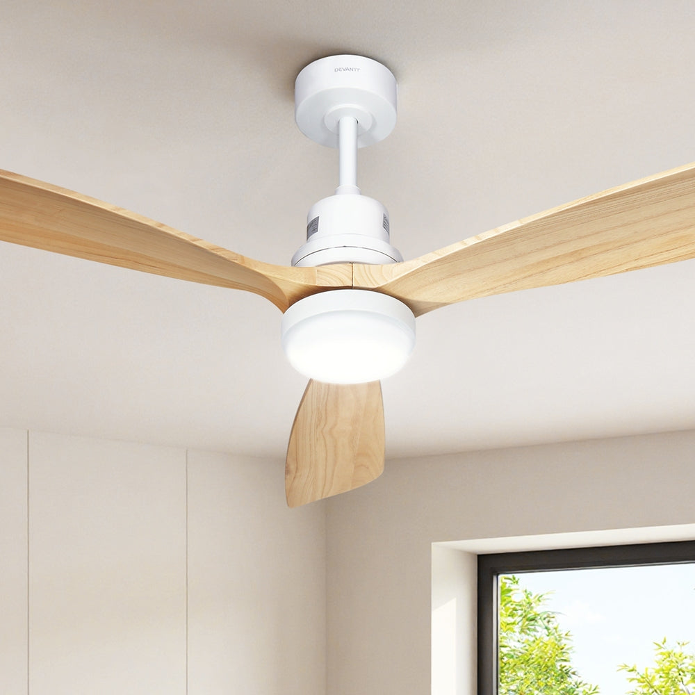 Devanti 52'' Ceiling Fan DC Motor LED Light Remote - Light Wood