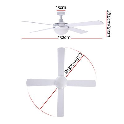 Devanti 52'' Ceiling Fan w/Light w/Remote Timer - White