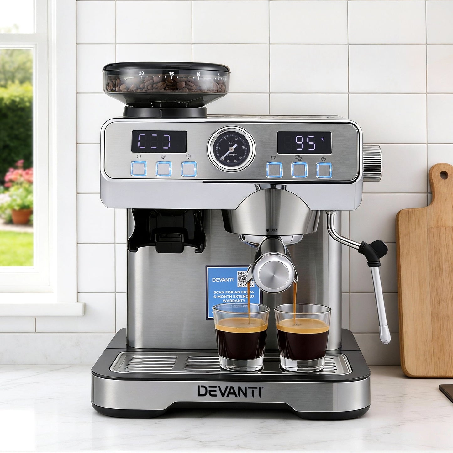 Devanti Coffee Machine Espresso Latte Maker with Grinder Milk Frother Steam Wand