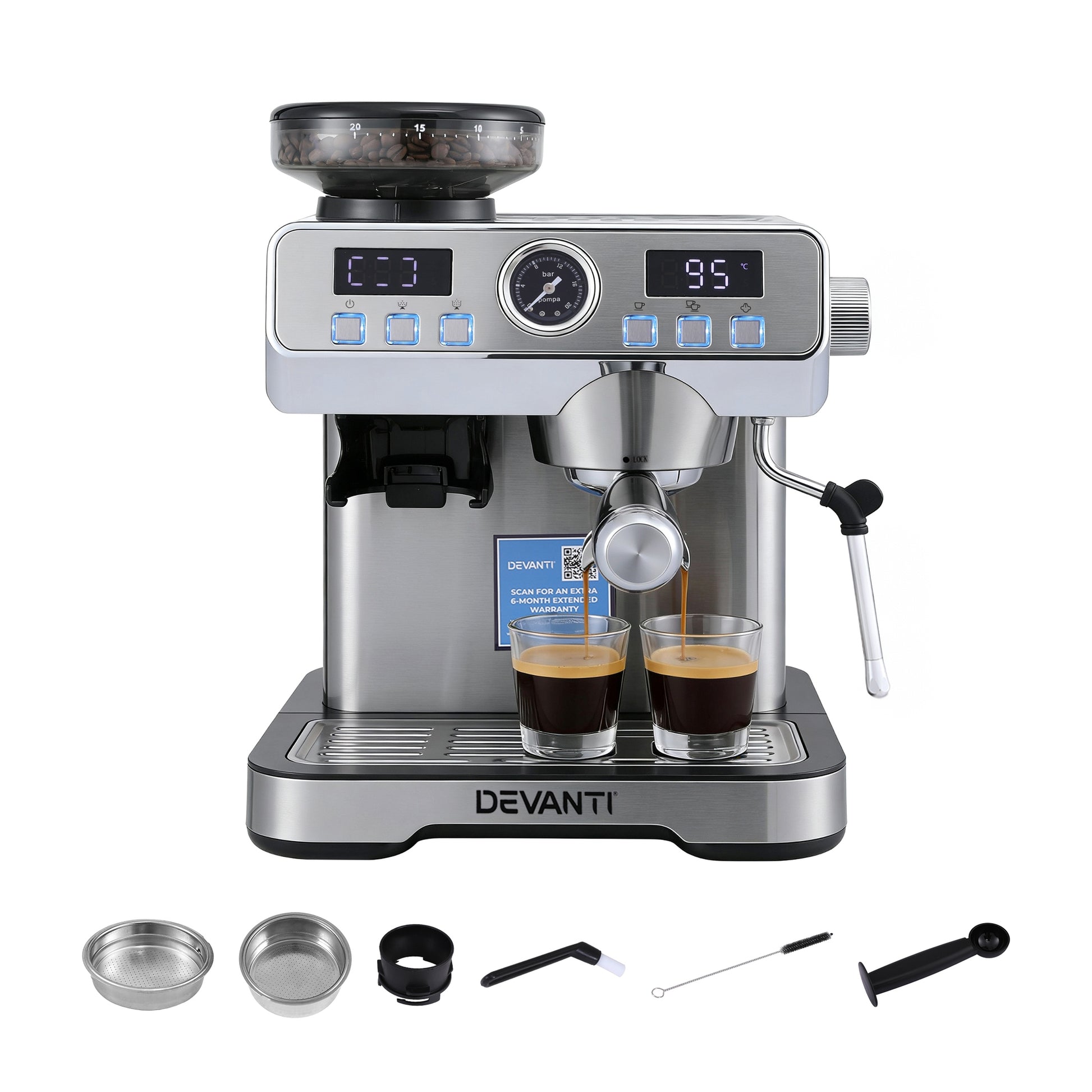 Devanti Coffee Machine Espresso Latte Maker with Grinder Milk Frother Steam Wand