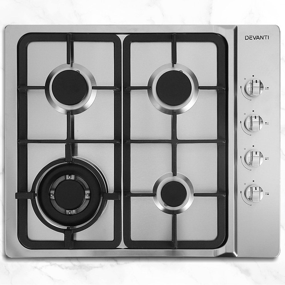 Devanti Gas Cooktop 60cm Kitchen Stove 4 Burner Cook Top NG LPG Stainless Steel Silver