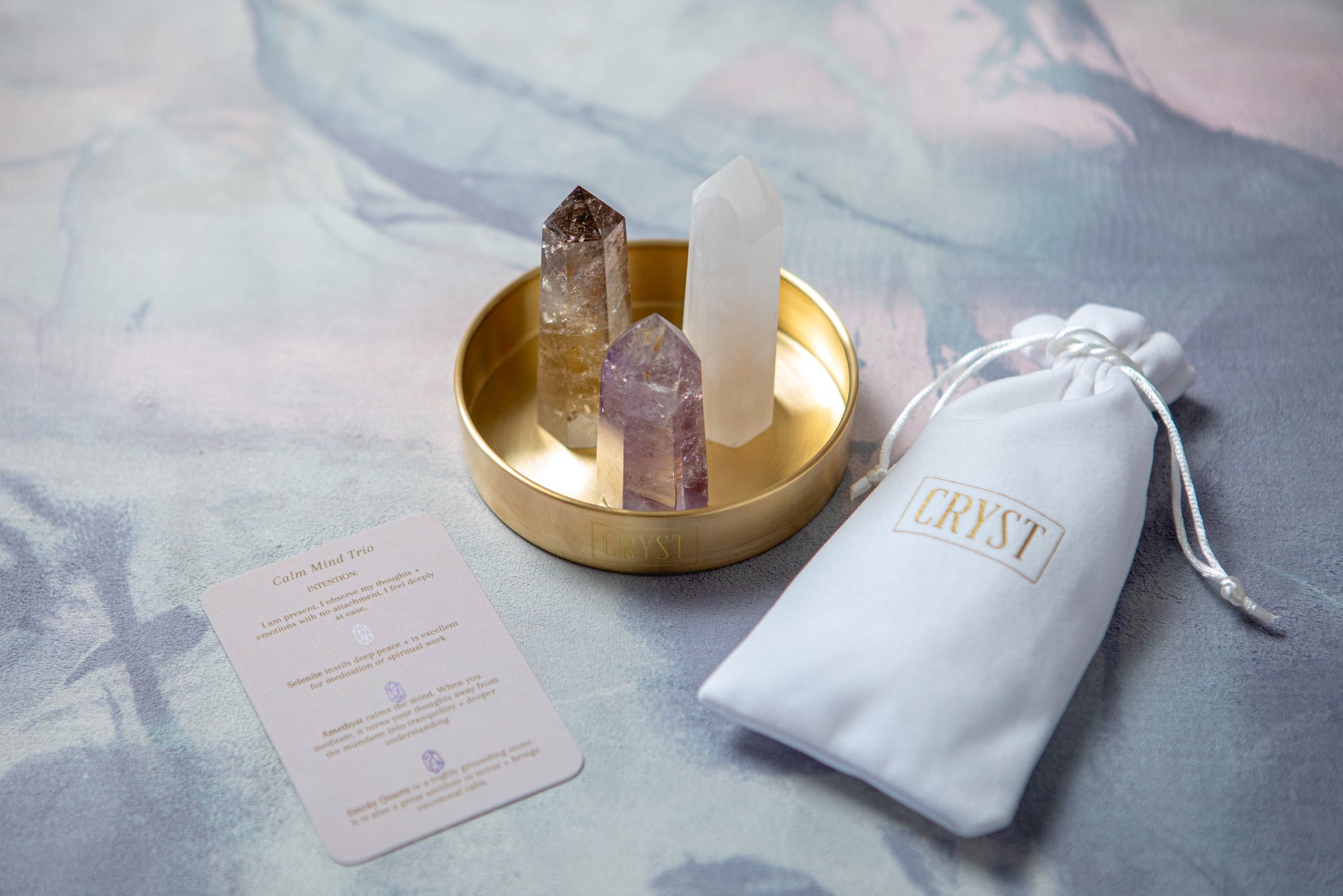 Calm Mind Crystal Trio - Selenite, Smoky Quartz + Amethyst