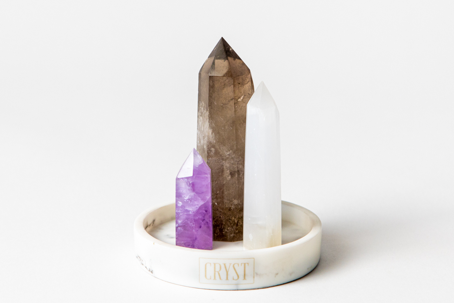 Calm Mind Crystal Trio - Selenite, Smoky Quartz + Amethyst