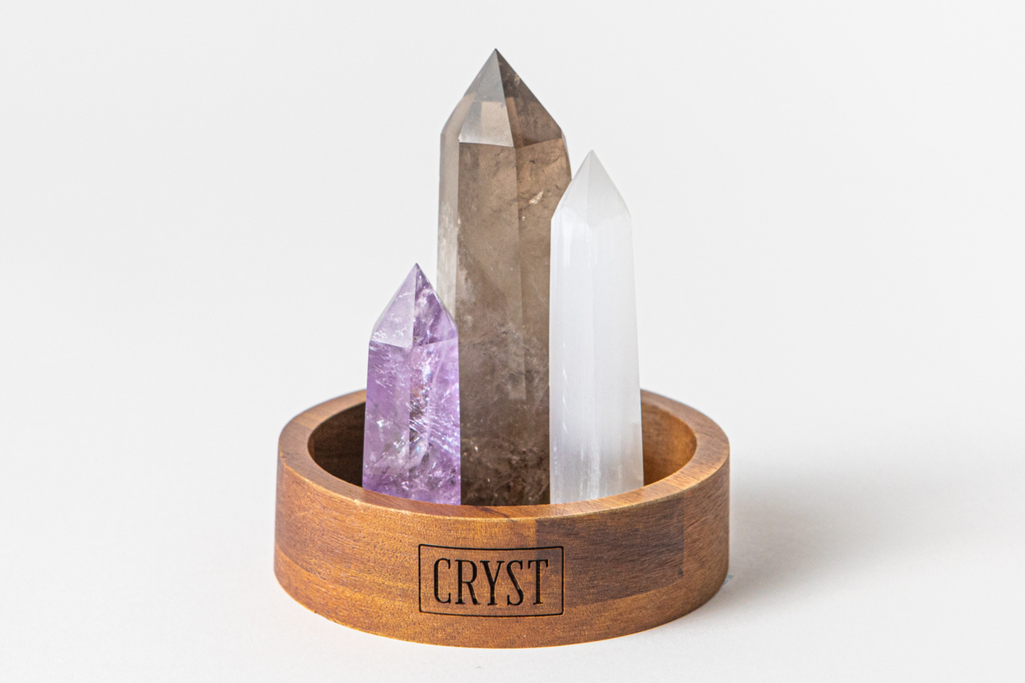 Calm Mind Crystal Trio - Selenite, Smoky Quartz + Amethyst