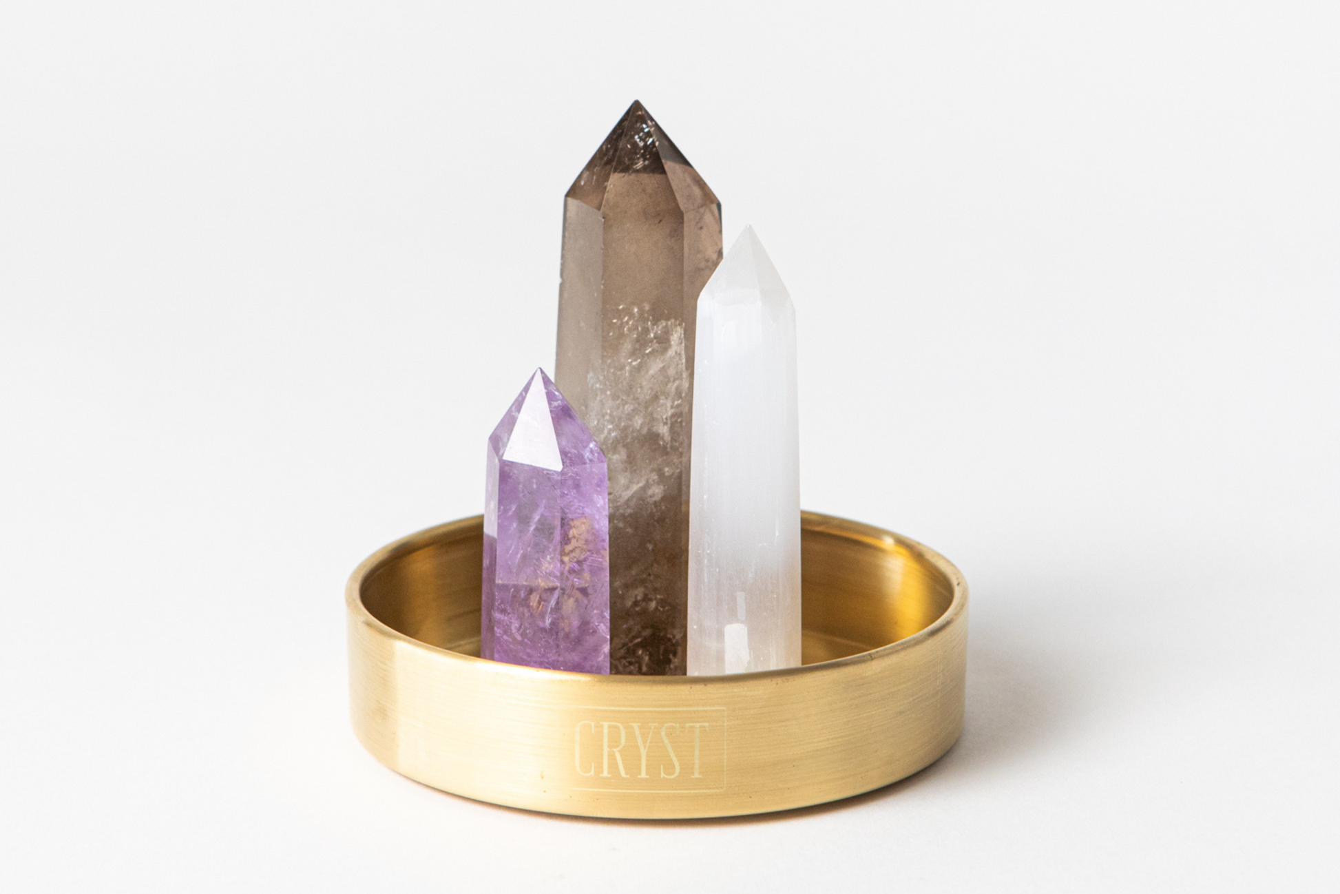 Calm Mind Crystal Trio - Selenite, Smoky Quartz + Amethyst