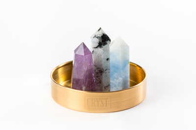 Cancer Crystal Trio - Rainbow Moonstone, Blue Calcite + Amethyst