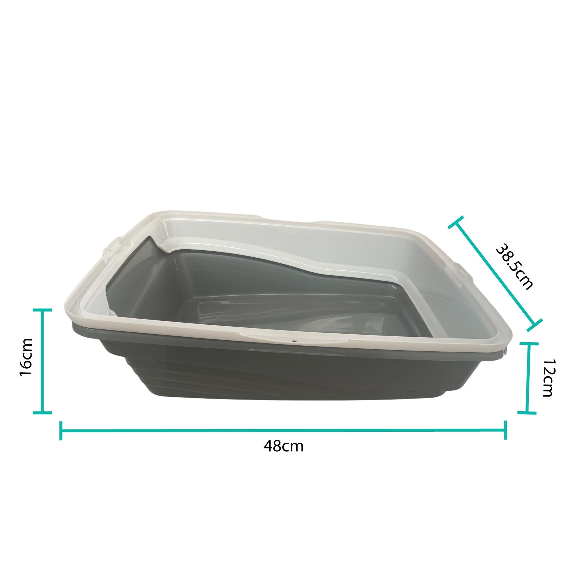 Cat Litter Tray Plastic 48x38.5x12cm Non Spill Mess Guard Rim Grey White Kitty Pan