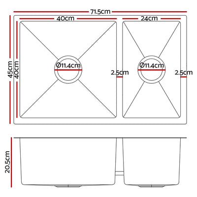 Cefito Kitchen Sink 71X45CM Stainless Steel Basin Double Bowl Silver